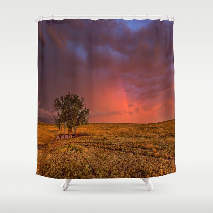 Fire Within - Red Sky and Rainbow Over Lone Tree on Great Plains Shower Curtain