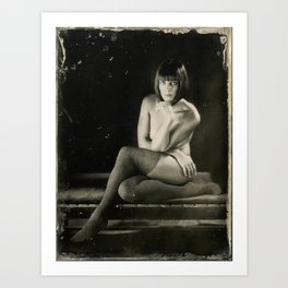 Black hair bob cut nude woman with stockings sitting on a couch with crossed legs Art Print