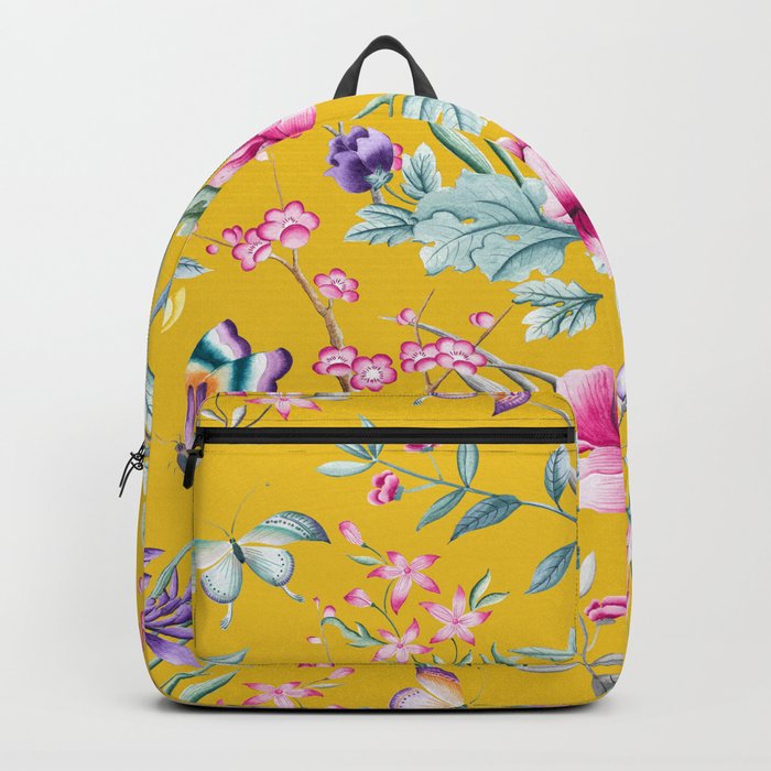 Yellow Chinoiserie Asian Floral Print Backpack