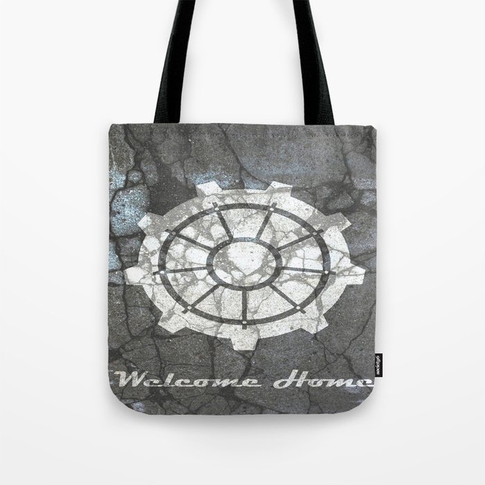 Fallout inspired welcome home, vault door, print, poster, wall art, neutral Tote Bag