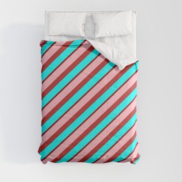 [ Thumbnail: Light Pink, Red, Aqua & Dark Red Colored Stripes/Lines Pattern Comforter ]