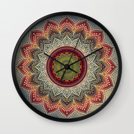 Retro Folk Art - Spirit Lotus Mandala Blue Red Wall Clock