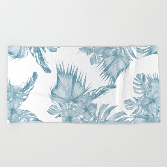 Palm Leaf Hibiscus Classic Blue + White Beach Towel