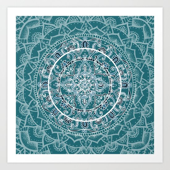 Detailed Teal and Blue Mandala Pattern Art Print