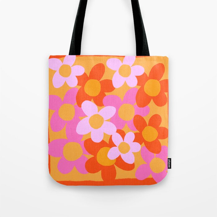 Cheerful Spring Flowers 70’s Retro Orange on Red Tote Bag