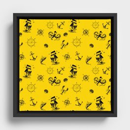 Yellow And Blue Silhouettes Of Vintage Nautical Pattern Framed Canvas