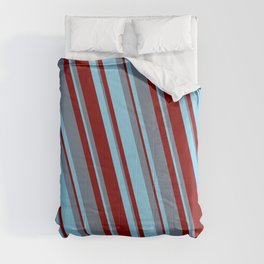 [ Thumbnail: Slate Gray, Sky Blue & Maroon Colored Lined/Striped Pattern Comforter ]