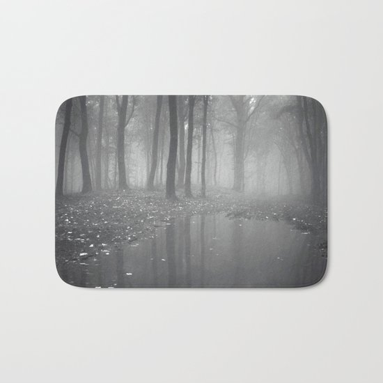 Foggy Dark & Eerie Forest (Black & White) Bath Mat