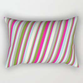 [ Thumbnail: Beige, Dark Gray, Green, Deep Pink, and Powder Blue Colored Stripes Pattern Rectangular Pillow ]