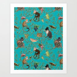 Cool Monkey Vintage Garden Party - Turquoise Art Print