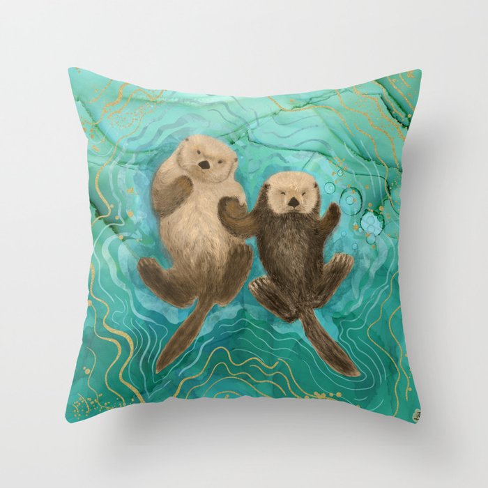 Otters Holding Paws, Floating in Emerald Waters Throw Pillow