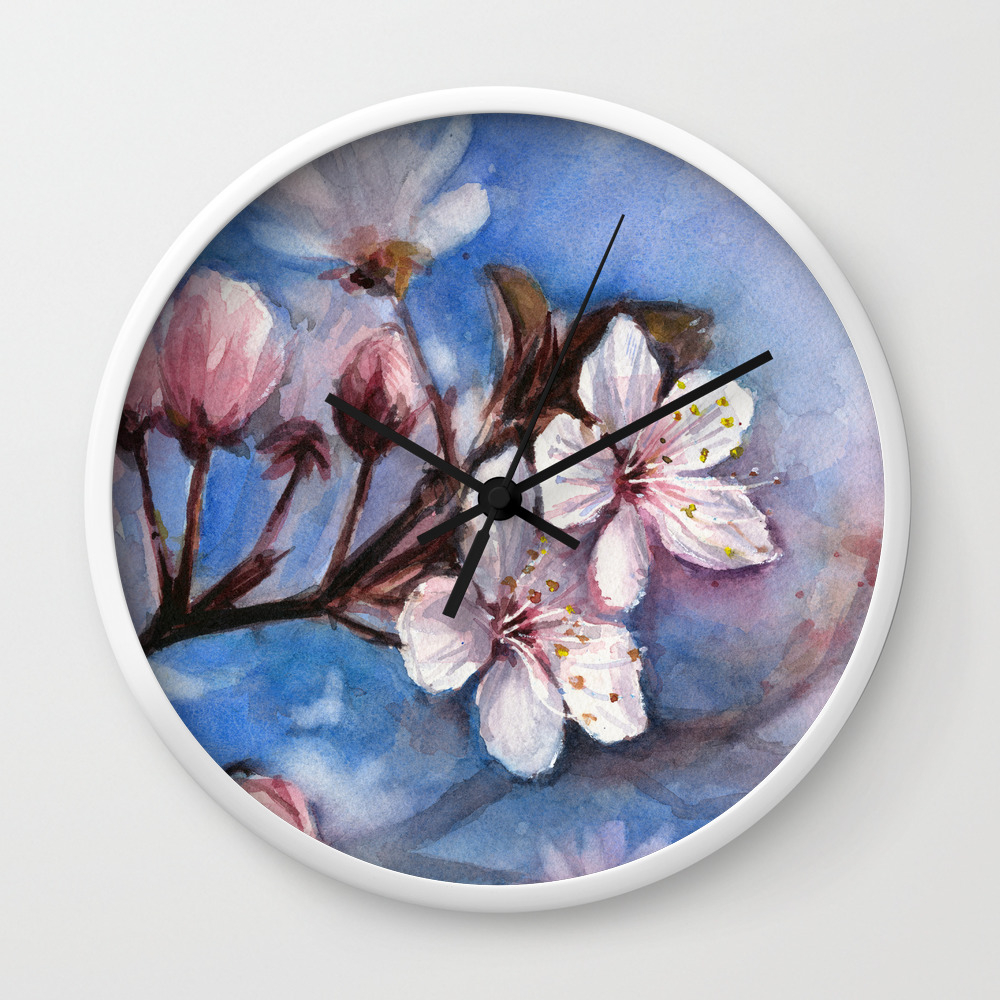 Cherry Blossoms Watercolor Spring Flowers Wall Clock By Olechka