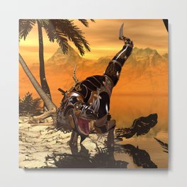 T-rex with armor Metal Print | Sinosaur, Sunset, Palm, Animal, Sun, Rocks, Armor, Illustration, Painting, Sea 
