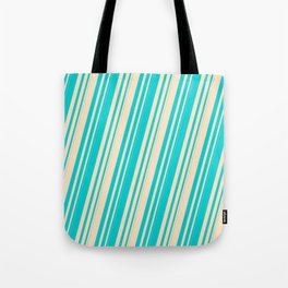 [ Thumbnail: Dark Turquoise and Bisque Colored Striped Pattern Tote Bag ]