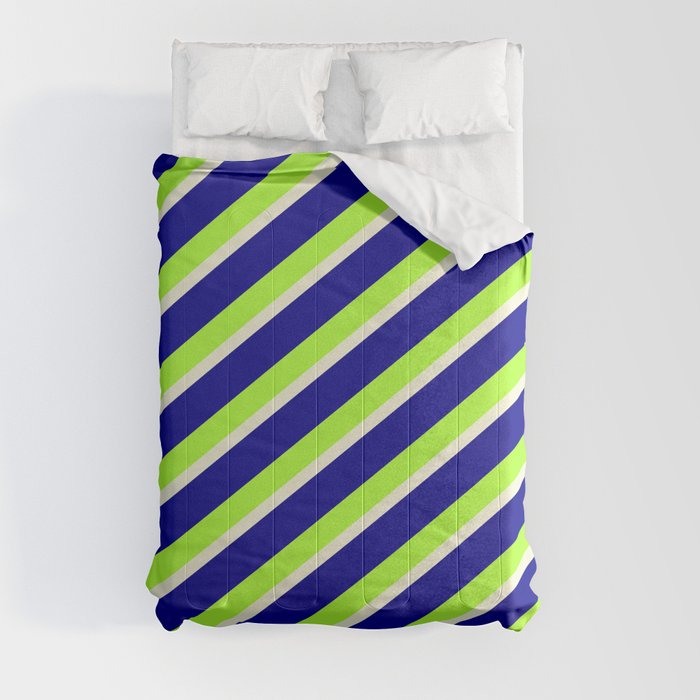 Dark Blue, Light Green, and Beige Colored Striped Pattern Comforter
