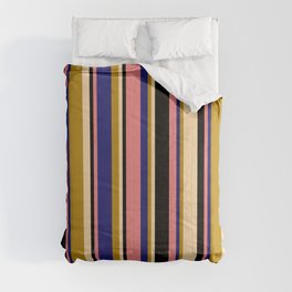 [ Thumbnail: Light Coral, Midnight Blue, Dark Goldenrod, Tan & Black Colored Lined Pattern Comforter ]