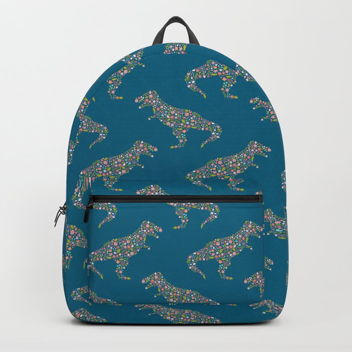 Floral T-Rex on Blue Backpack
