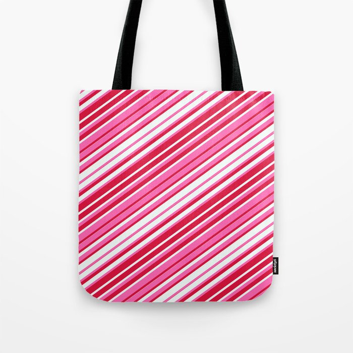 Hot Pink, Crimson, and Mint Cream Colored Stripes/Lines Pattern Tote Bag