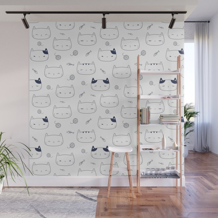 Navy Blue Doodle Kitten Faces Pattern Wall Mural