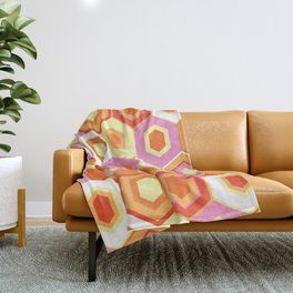 Pink, Orange, Yellow and White Hexagon Geometric Retro Pattern Throw Blanket