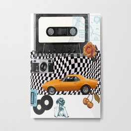Nostalgic Orange and Blue Collage  Metal Print | Cassette, Vintagevinyl, Vintagecamera, Admitone, Retrocar, Metal, Orangerose, Checkerboard, Bluemap, Plastic 