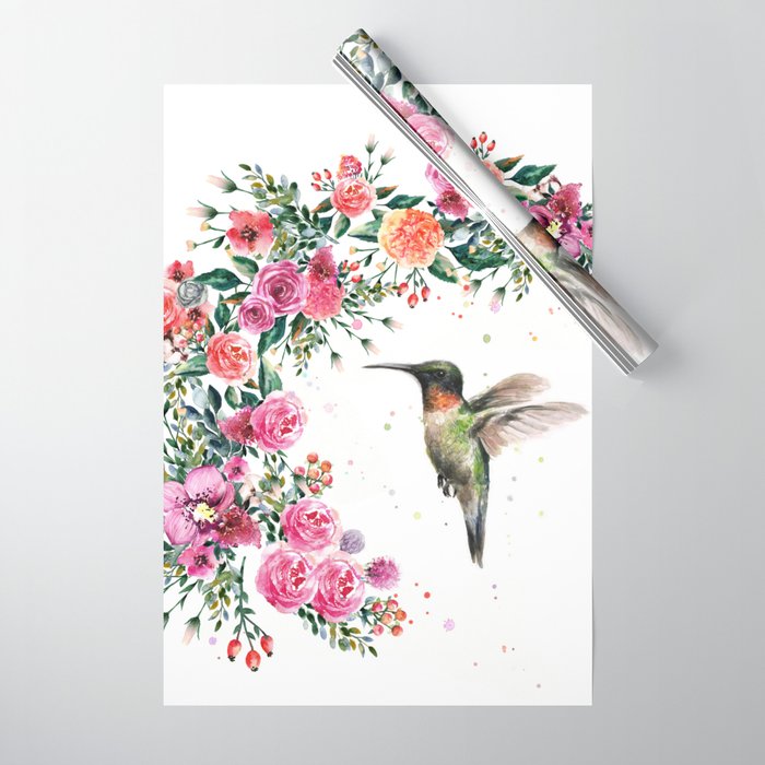 Hummingbird Red Flower Watercolor Bird Wrapping Paper by Olechka