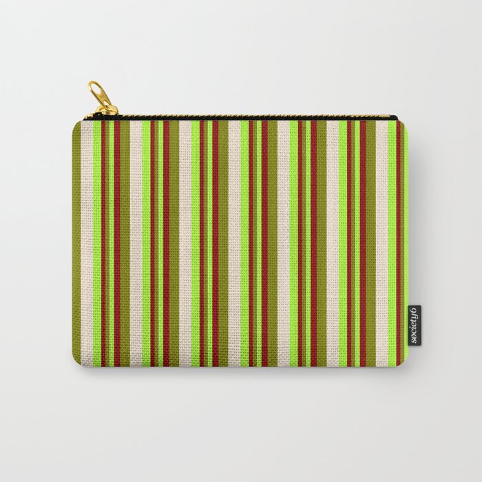 Light Green, Dark Red, Green, and Beige Colored Lines Pattern Carry-All Pouch