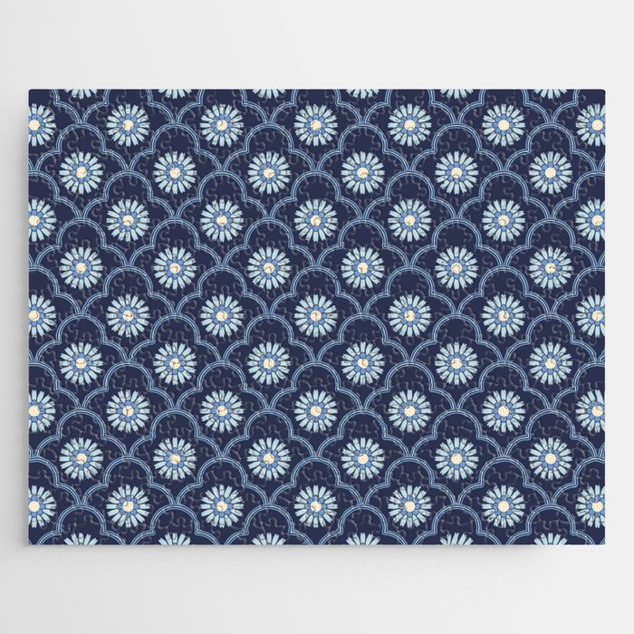 Ethnic Ogee Floral Pattern Blue Jigsaw Puzzle