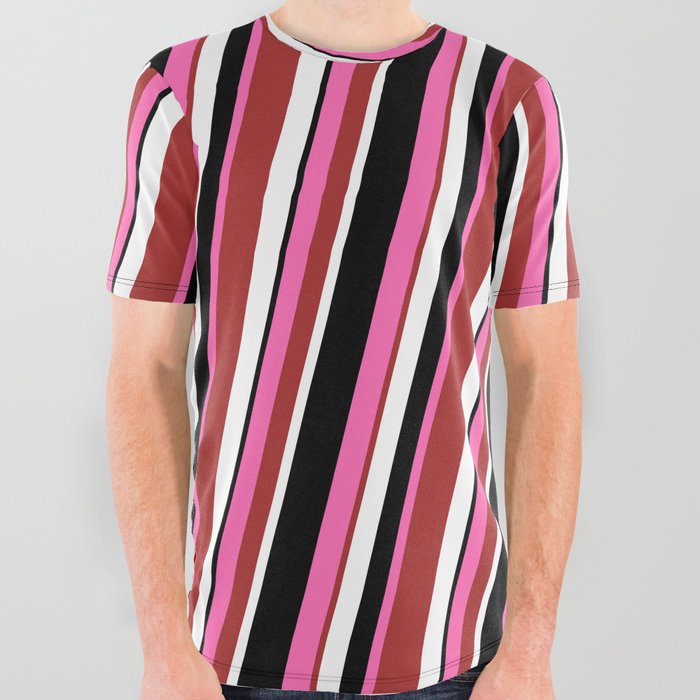 Hot Pink, Brown, White & Black Colored Lined/Striped Pattern All Over Graphic Tee