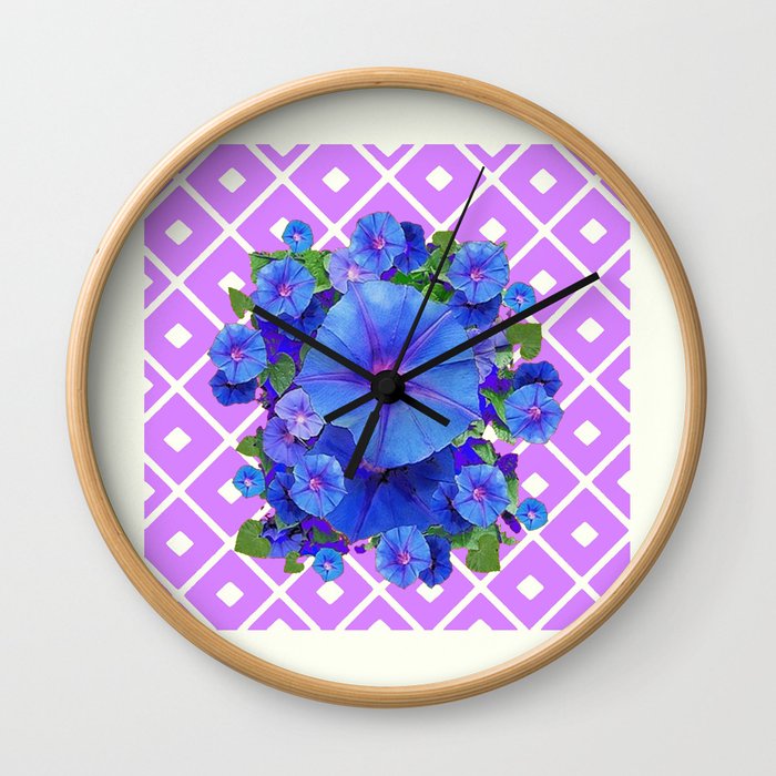 Lilac-White Pattern Blue Morning Glories Art Wall Clock