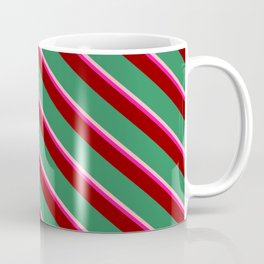 [ Thumbnail: Light Pink, Deep Pink, Dark Red & Sea Green Colored Striped Pattern Coffee Mug ]