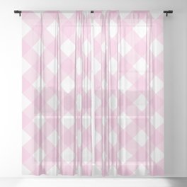 Pink Pastel Farmhouse Style Gingham Check Sheer Curtain