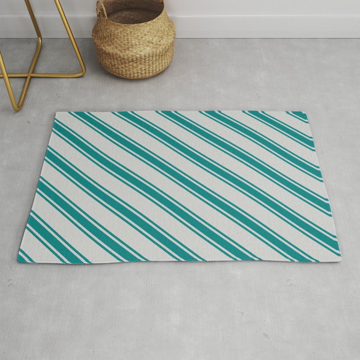 Light Grey and Teal Colored Lined Pattern Rug
