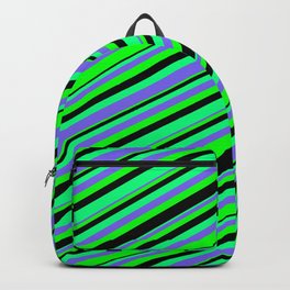 [ Thumbnail: Green, Medium Slate Blue, Lime & Black Colored Stripes/Lines Pattern Backpack ]