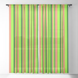 [ Thumbnail: Dark Green, Chartreuse & Coral Colored Lined/Striped Pattern Sheer Curtain ]