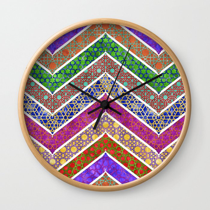 Watercolor Moroccan Lattice Chevron Pattern Wall Clock