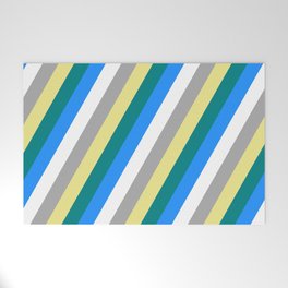 [ Thumbnail: Eye-catching Tan, Teal, Blue, White & Dark Gray Colored Striped/Lined Pattern Welcome Mat ]