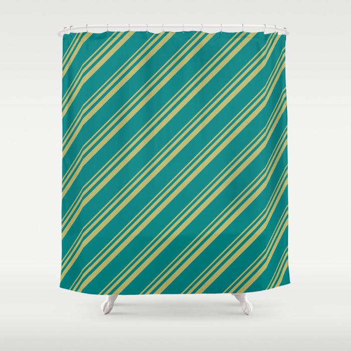 Dark Khaki and Teal Colored Stripes/Lines Pattern Shower Curtain