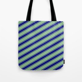 [ Thumbnail: Dark Sea Green and Blue Colored Lined/Striped Pattern Tote Bag ]