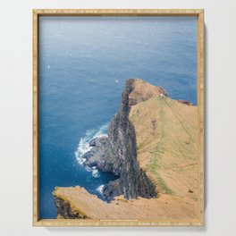 Bird-eye view blue Atlantic ocean meets cliffs with lighthouse Faroe Island  Serving Tray