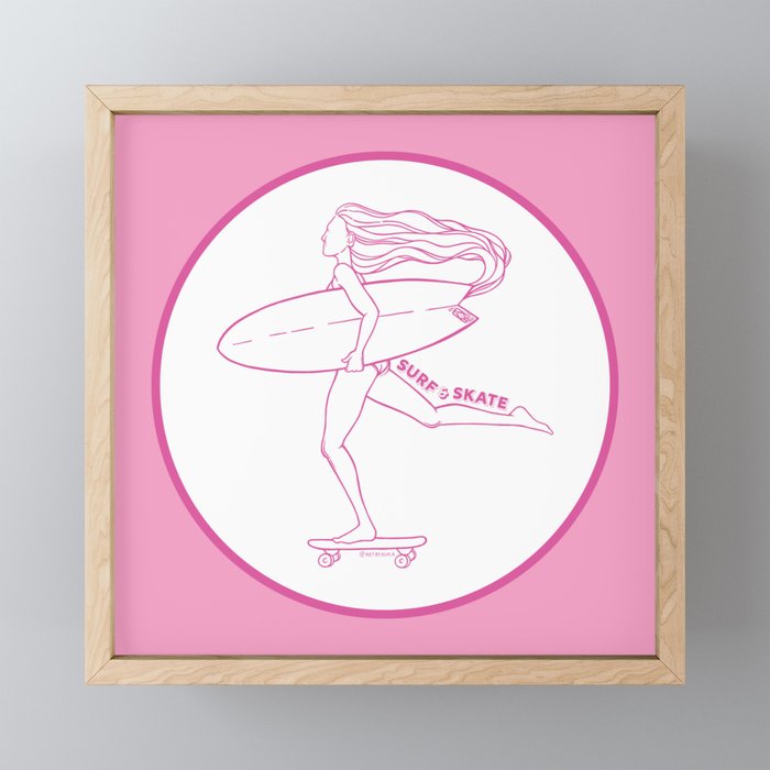Surf Skate Cruise | California Skater Surfer Girl Design | Beach Inspired Artwork | Pink Bright Aesthetic  Framed Mini Art Print