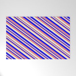 [ Thumbnail: Blue, Light Coral, and Light Yellow Colored Stripes Pattern Welcome Mat ]