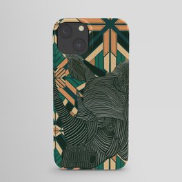 African rhino portrait illustration with modern patterned background - Green and tan iPhone Case