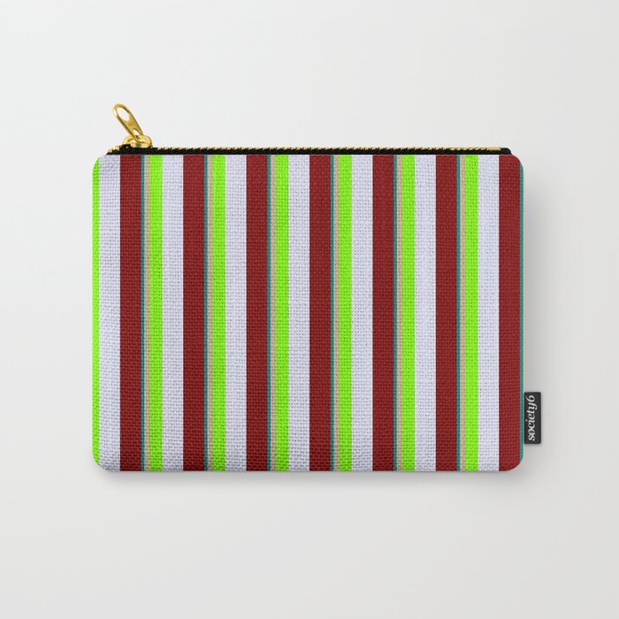 Vibrant Teal, Tan, Chartreuse, Lavender & Maroon Colored Striped/Lined Pattern Carry-All Pouch