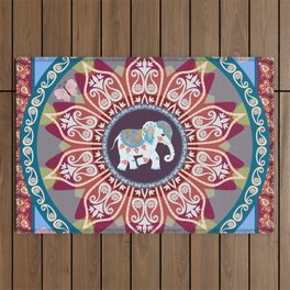Beautiful square blanket in ethnic style with mandala flower,funny elephant and paisley border in. Indian,thai motives. Ethnic style.  Outdoor Rug