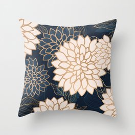 Floral Aesthetic in Navy, Blue, Ivory and Gold Throw Pillow