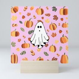 Ghost, pumpkins and leafs Mini Art Print