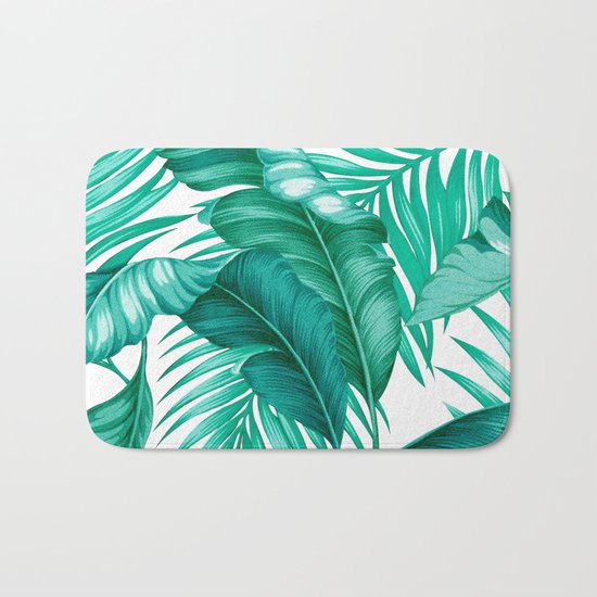 HAWAIIAN GARDEN TROPICAL LEAVES | turquoise white Bath Mat