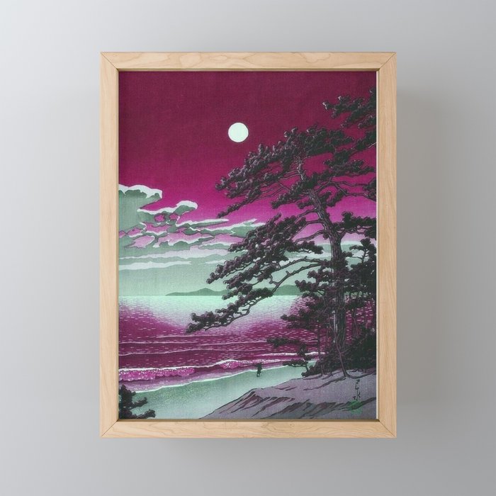 Pink Sunrise Spring Moon at Ninomiya Beach by Hasui Kawase portrait painting art print Framed Mini Art Print