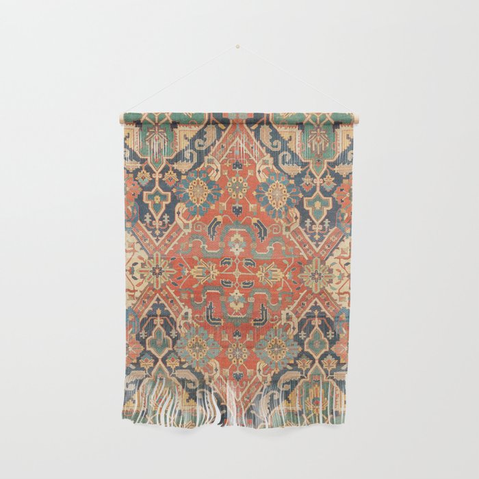 Geometric Leaves VII // 18th Century Distressed Red Blue Green Colorful Ornate Accent Rug Pattern Wall Hanging